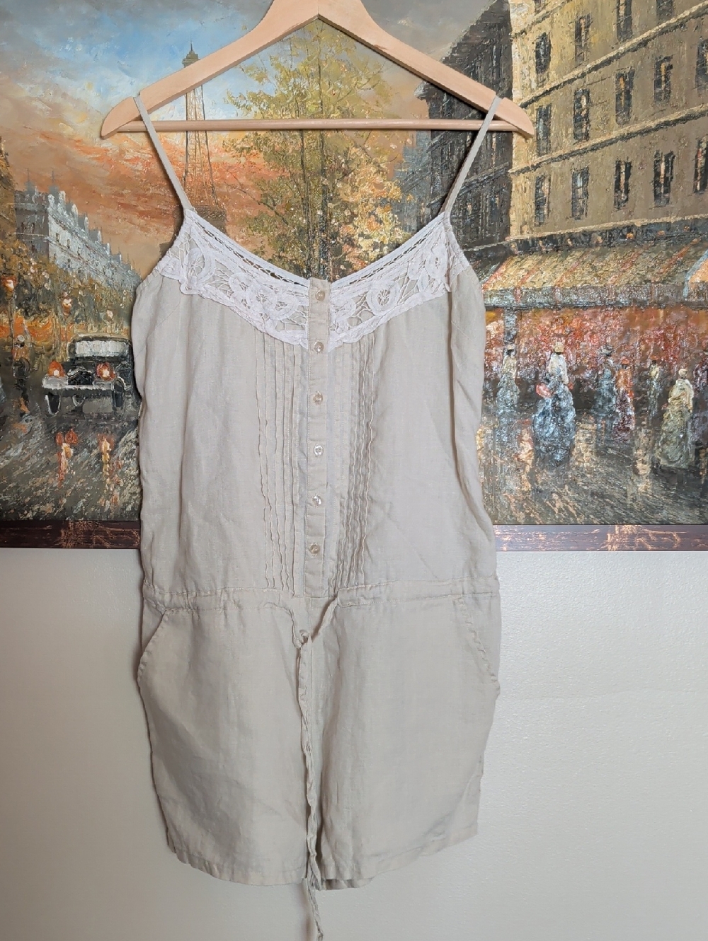 Love Tree Beige Lace-Trim Linen Romper - Womens Jumpsuit